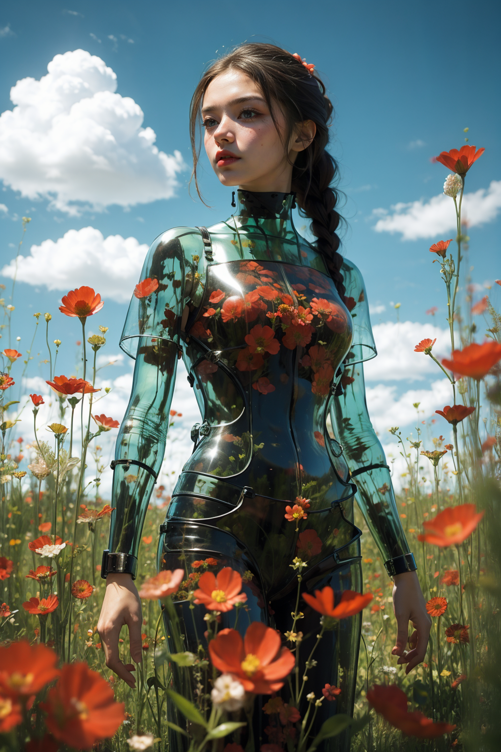 05907-706617778-1girl, flower, sky, outdoors, cloud, solo, red flower, grass, field, black hair, standing, day, letterboxed, blurry, braid, blue.png